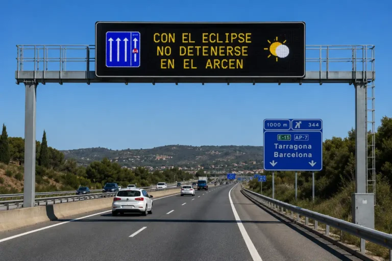 El eclipse solar obliga a la DGT a establecer un dispositivo especial en carreteras con señalización en la imagen Con eclipse no detenerse en el arcén