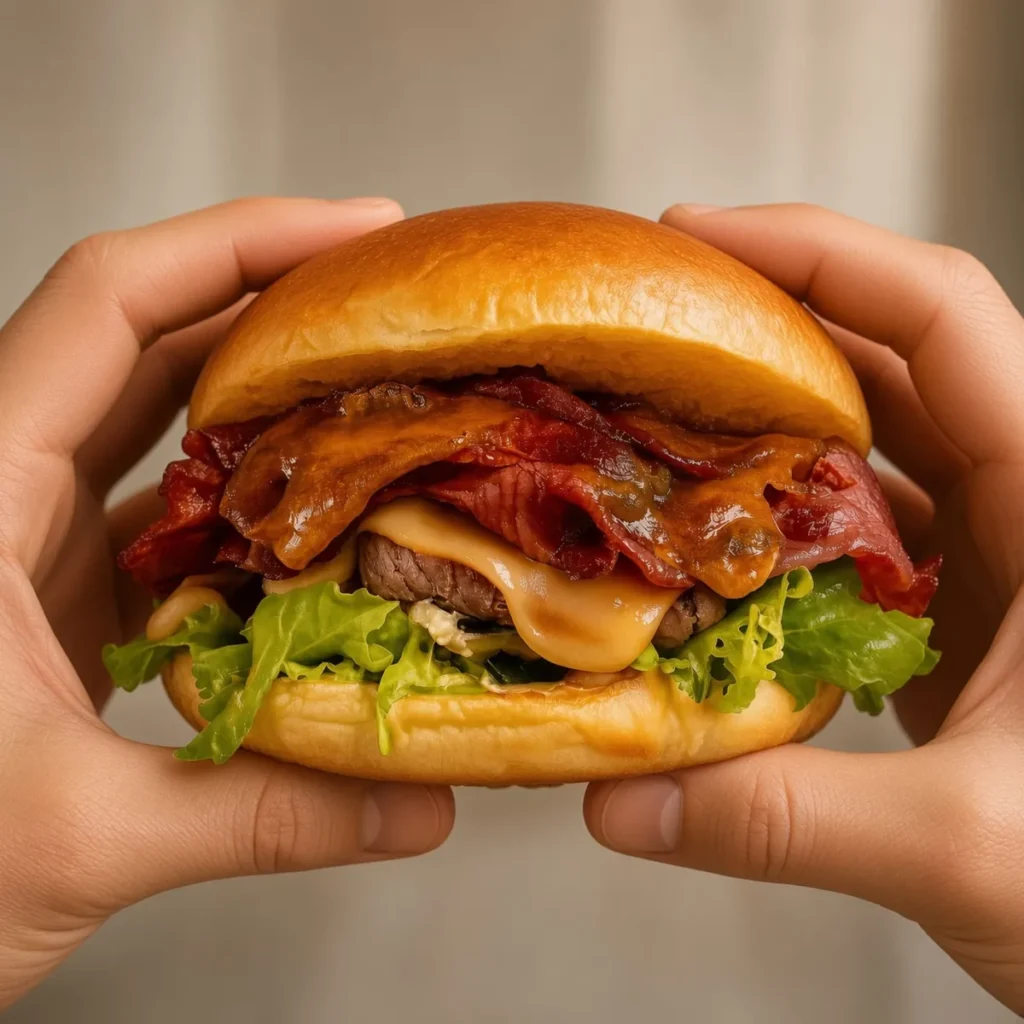 Imagen de Grok Imagine 2  que muestra una de las creaciones de la hamburguesa que ha realizado con las manos de una persona cogiéndola.