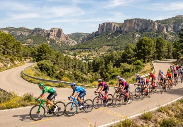 Imagen de La Vuelta 2026 en la etapa 10, con los ciclistas circulando por la carretera. Recreación.