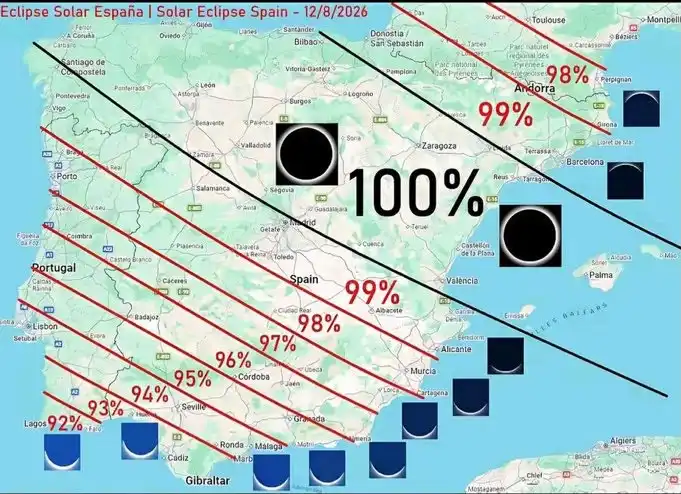 El atasco del siglo: la DGT avisa de hasta 1,5 millones de coches extra por el eclipse solar Mapa del eclipse solar en España, donde sitúa con líneas las zonas de mayor a menor observación