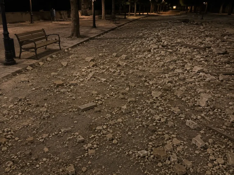El terremoto que ha sacudido Granada esta noche, muestra algunos cascotes en el suelo de pequeños datos materiales.