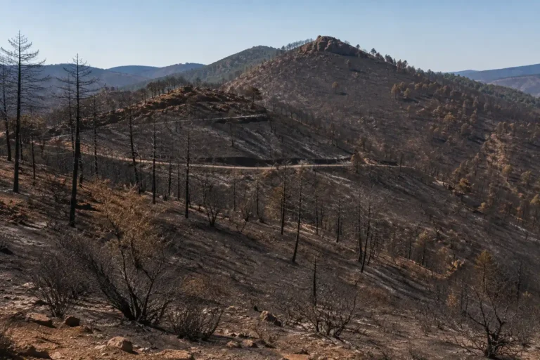 Recreación de La Vall de Uxó y la Sierra de Espadán tras el devastador incendio que empieza a revelar datos importantes. Se aprecia el monte totalmente quemado.