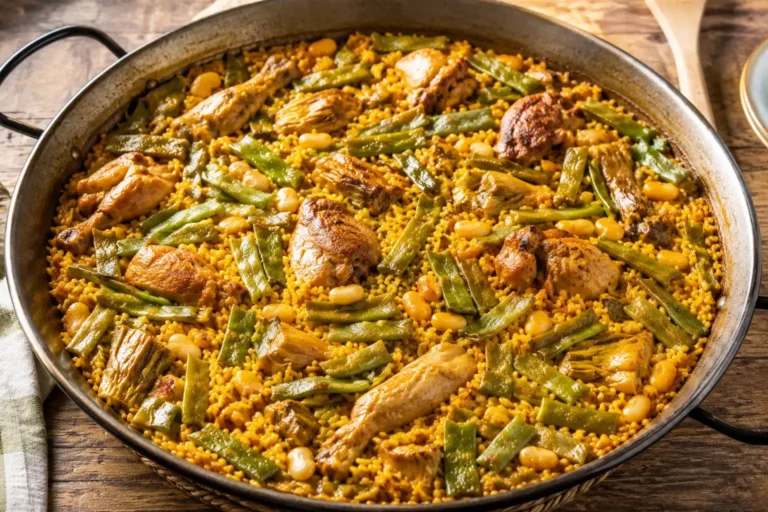 El World Paella Day Cup 2026 llegará a Valencia. La imagen muestra una paella de pollo y conejo con verduras.