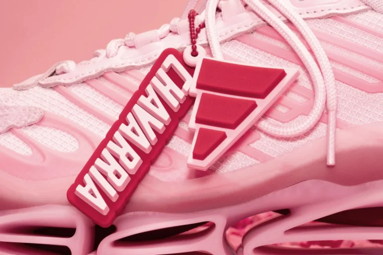 Las nuevas adidas Originals x Willy Chavarria Pink Megaride AG vistas de lateral con detalles en los cordones