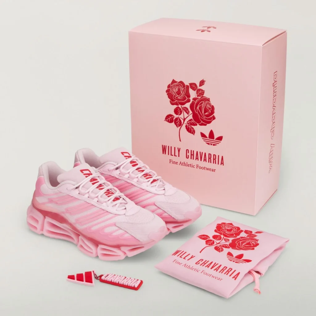 Las zapatillas rosas de adidas y Willy Chavarria que rompieron París ya tienen fecha de salida Vista del paquete completo con el packaging especial de las nuevas adidas Originals x Willy Chavarria Pink Megaride AG