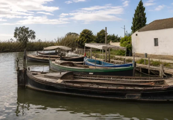 Albufera con barcas tradicionales amarradas junto a un embarcadero de El Palmar