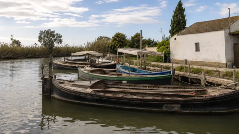 Albufera con barcas tradicionales amarradas junto a un embarcadero de El Palmar