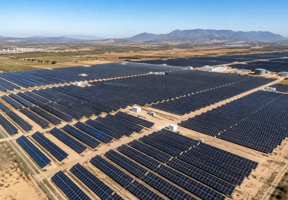 Amazon alcanza los 100 proyectos de energía de sol y eólica en España. Recreación de una de las plantas solares sobe tierra.