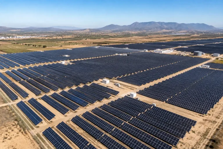 Amazon alcanza los 100 proyectos de energía de sol y eólica en España. Recreación de una de las plantas solares sobe tierra.