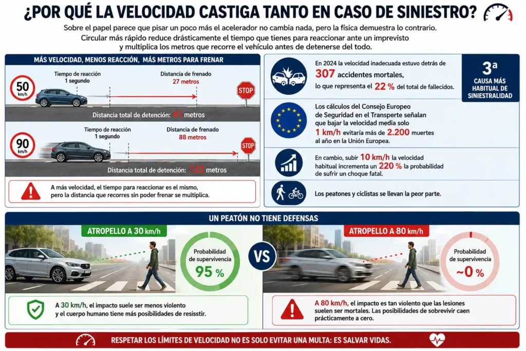 Ojo si coges la carretera este verano: la DGT estrena radares y no va a pasar ni una Multa y peligro del exceso de velocidad: infografía sobre la distancia de frenado a 50 km/h y 90 km/h y la probabilidad de supervivencia en un atropello a un peatón.