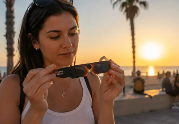 Una chica revisando sus gafas gratis homologadas para el eclipse solar de la ONCE