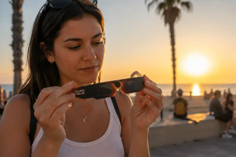 Una chica revisando sus gafas gratis homologadas para el eclipse solar de la ONCE