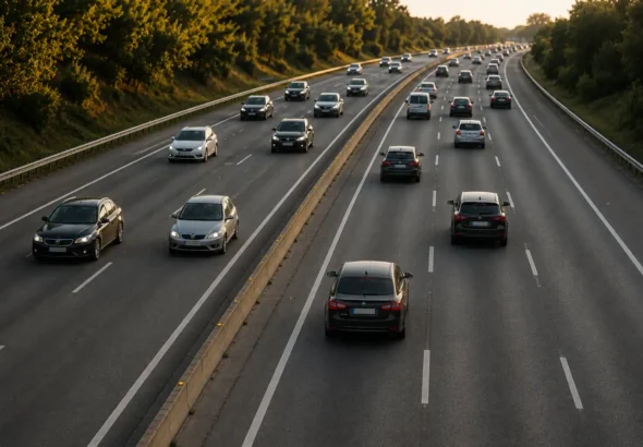 El eclipse solar en España este agosto obliga a transportes a aumentar los trenes e iluminar las carreteras durante el apagón. La imagen recrea una carretera previo a la entrada del eclipse con poca luz.