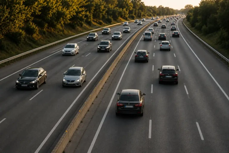 El eclipse solar en España este agosto obliga a transportes a aumentar los trenes e iluminar las carreteras durante el apagón. La imagen recrea una carretera previo a la entrada del eclipse con poca luz.