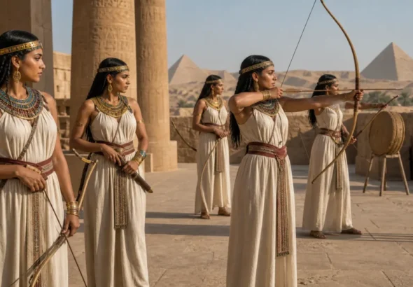 Princesas del antiguo Egipto entrenando con arcos y dagas en una recreación histórica