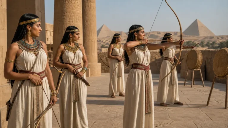 Princesas del antiguo Egipto entrenando con arcos y dagas en una recreación histórica