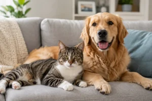 Un gato y un perro encima del sofá sentados juntos