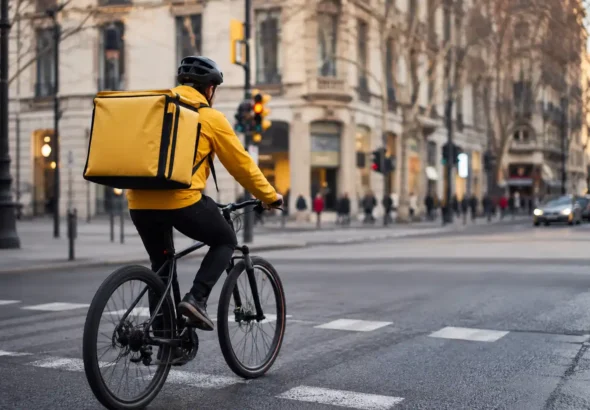 Recreación digital de un repartidor de Glovo trabajando en bici en una ciudad