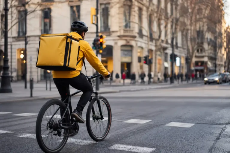 Recreación digital de un repartidor de Glovo trabajando en bici en una ciudad