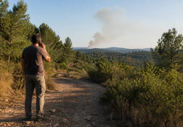 Incendios forestales con una persona avisando por teléfono desde una zona segura