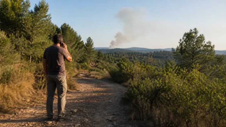 Incendios forestales con una persona avisando por teléfono desde una zona segura