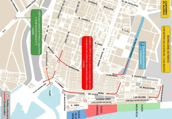 Mapa de cortes de tráfico en Valencia por el eclipse solar.