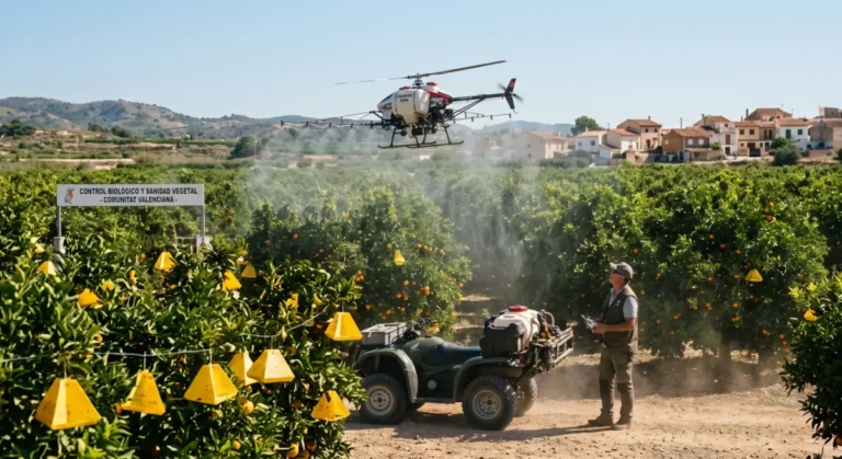 Una persona pulverizando para la mosca de la fruta en Valencia