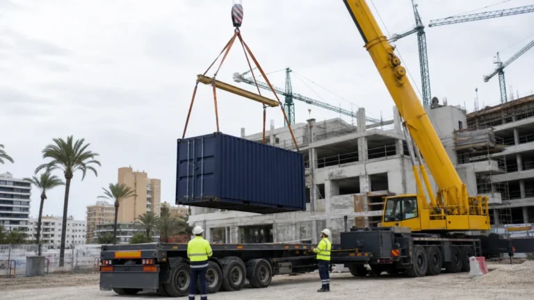 Protonterapia en València con un contenedor de equipamiento descargado por una grúa