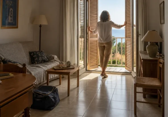 Segunda residencia con una propietaria abriendo las persianas de una vivienda junto al mar