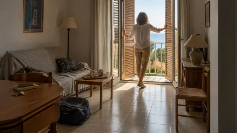 Segunda residencia con una propietaria abriendo las persianas de una vivienda junto al mar