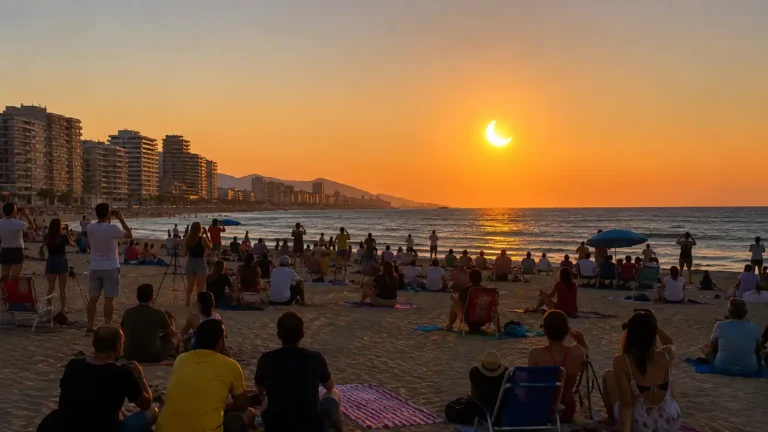 Imagen que muestra la playa con gente viendo el eclipse solar y un dispositivo de seguridad