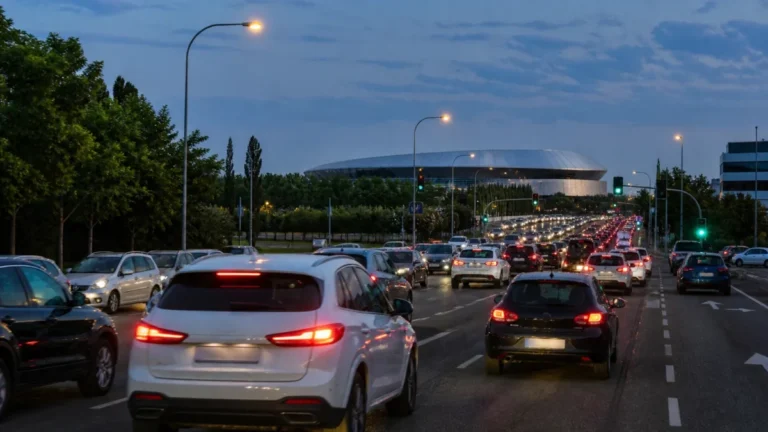 Tráfico Madrid cerca de un recinto de eventos al anochecer