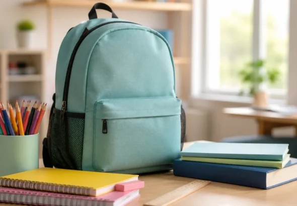 Vuelta al cole con mochila, lápices y material escolar sobre una mesa