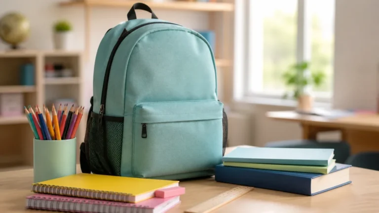 Vuelta al cole con mochila, lápices y material escolar sobre una mesa