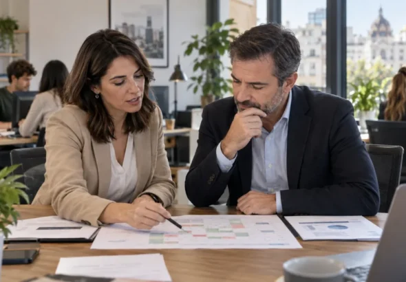 Absentismo laboral en Madrid: responsables de empresa revisan un calendario de asistencia