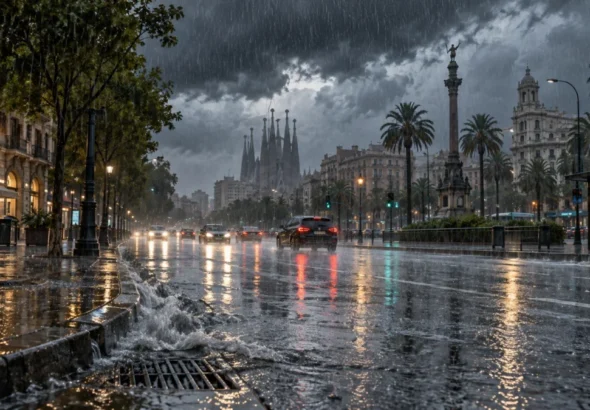 Alerta lluvias intensas representada en una calle de Barcelona bajo una tormenta