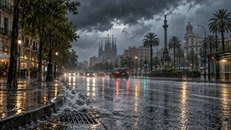 Alerta lluvias intensas representada en una calle de Barcelona bajo una tormenta