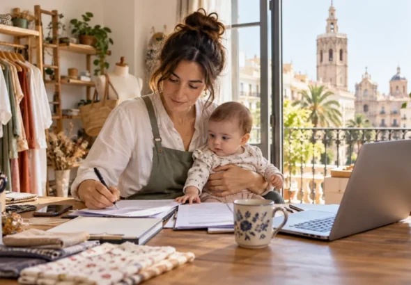 Recreación digital de una persona autónoma con un bebé en su negocio