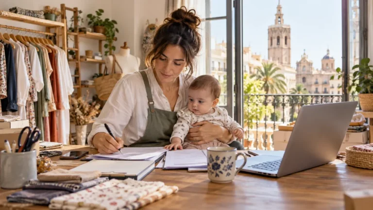 Recreación digital de una persona autónoma con un bebé en su negocio