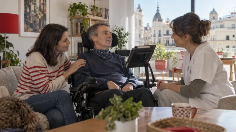 Ayudas ELA en Madrid: persona con ELA acompañada por una familiar y una profesional sanitaria