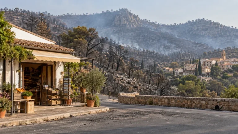 Recreación digital de un negocio junto a un monte afectado por un incendio forestal