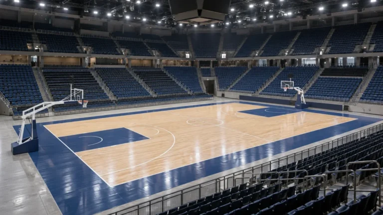Baloncesto femenino en un pabellón vacío con la pista preparada para un partido internacional