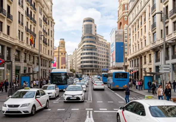 Tráfico por el Blackrocks en Madrid con vista de los taxis y una calle con mucha gente