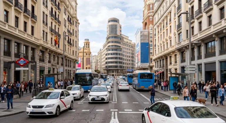 Tráfico por el Blackrocks en Madrid con vista de los taxis y una calle con mucha gente