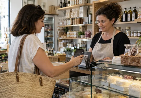 Bono Comercio de València: una clienta paga con código QR en una tienda local