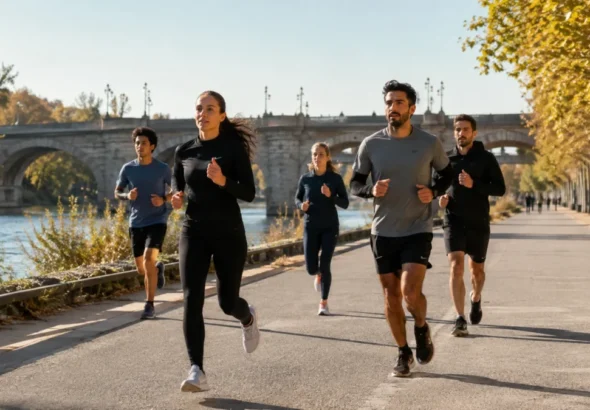 Recreación de corredores en una carrera por un paseo junto al río en Madrid