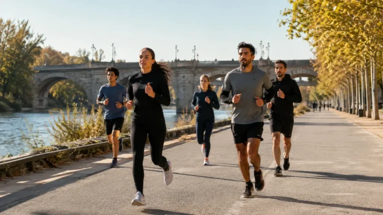 Recreación de corredores en una carrera por un paseo junto al río en Madrid