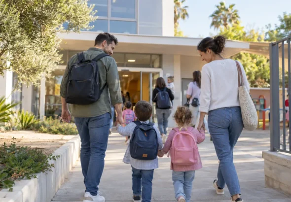 Conciliación familiar en València: una familia llega a una escuela infantil