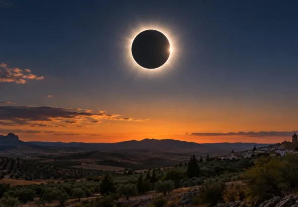 Eclipse solar sobre un paisaje español representado mediante una recreación científica
