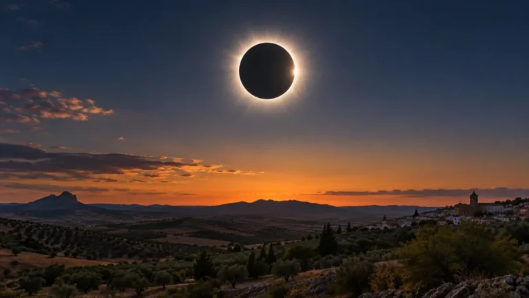 Eclipse solar sobre un paisaje español representado mediante una recreación científica